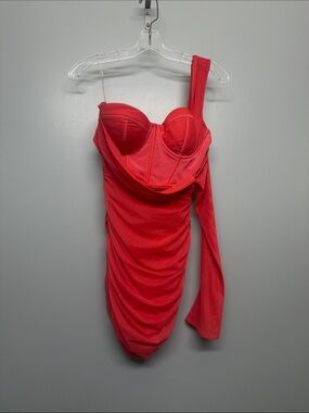 Oh Polly Hot Pink Mesh One Shoulder Sleeve Corset Ruched Mini Dress